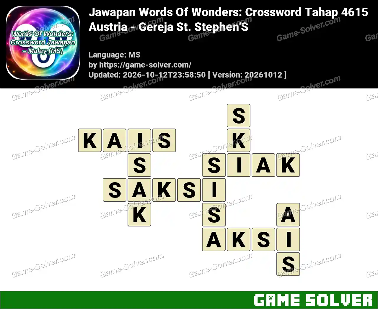 Jawapan Words Of Wonders: Crossword Tahap 4615 – Austria – Gereja St. Stephen’S